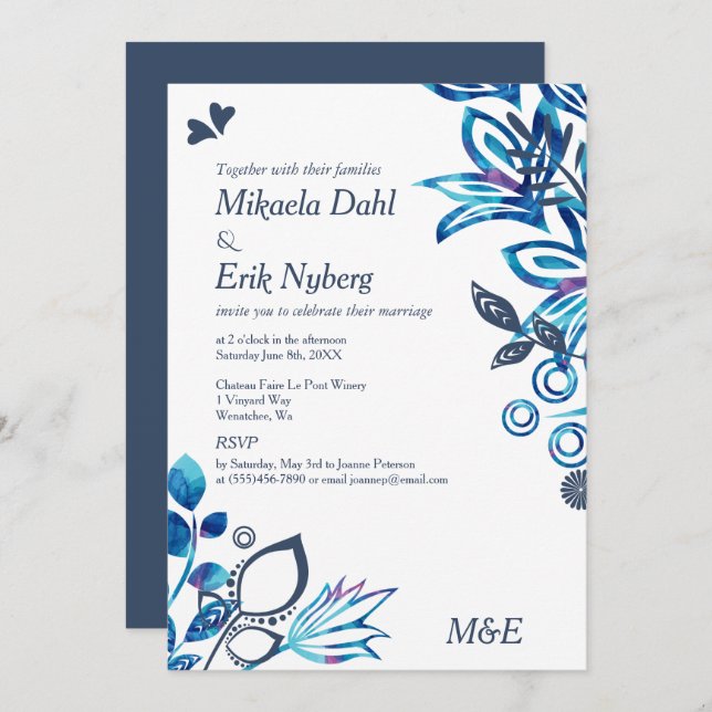 Scandinavian Blue Floral Pattern Wedding Invitation (Front/Back)