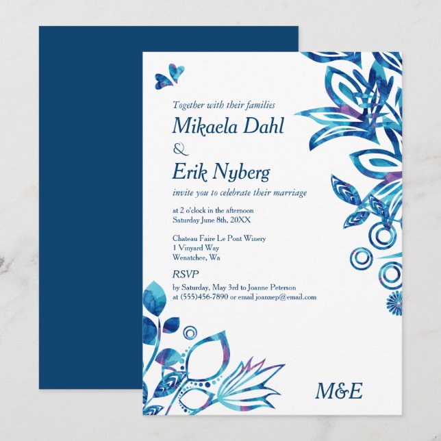 Scandinavian Blue Flowers and Leaves Wedding Invitation (Front/Back)
