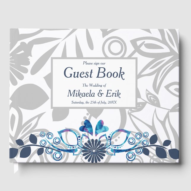 Scandinavian Blue Gray Floral Pattern Guest Book (Front)