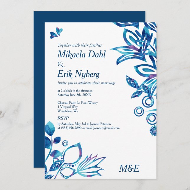 Scandinavian Blue Pattern Wedding Invitation (Front/Back)