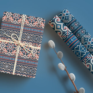 Scandinavian Blue & Peach Winter Sweater Pattern Wrapping Paper Sheets