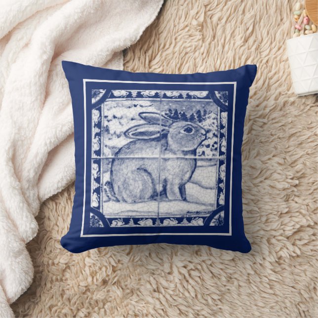 Scandinavian Blue Rabbit Winter Snow Dedham Tile  Throw Pillow (Blanket)
