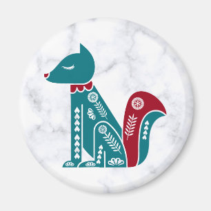 Scandinavian Blue Red Holiday Squirrel on Marble Magnet