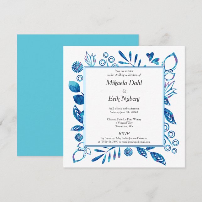 Scandinavian Blue Turquoise Flowers Leaves Hearts Invitation (Front/Back)