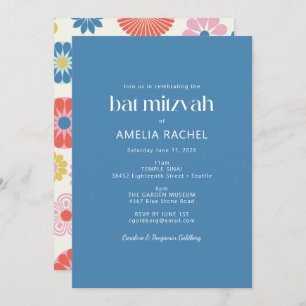 Scandinavian Boho Folk Flower Blue Bat Mitzvah Invitation