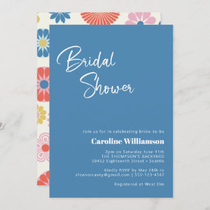 Scandinavian Boho Folk Flower Blue Bridal Shower Invitation