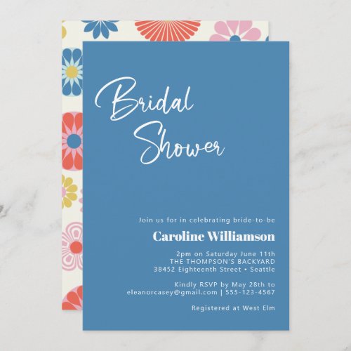 Scandinavian Boho Folk Flower Blue Bridal Shower Invitation