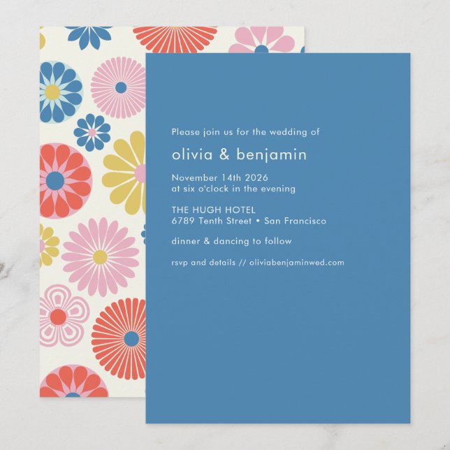 Scandinavian Boho Folk Flower Blue Simple Wedding Invitation (Front/Back)