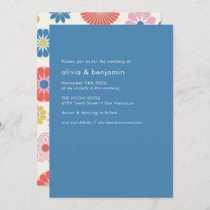 Scandinavian Boho Folk Flower Blue Simple Wedding Invitation