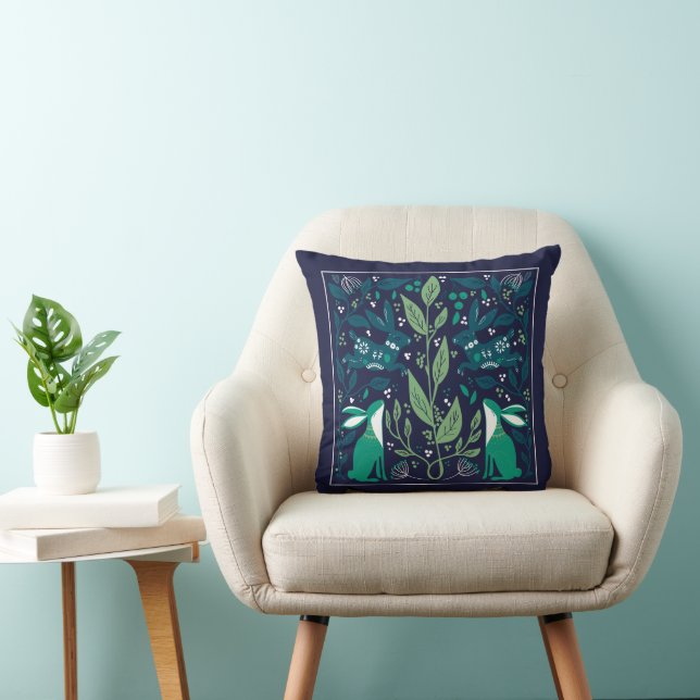Scandinavian Bunny Flower Garden Throw Pillow (Chair)