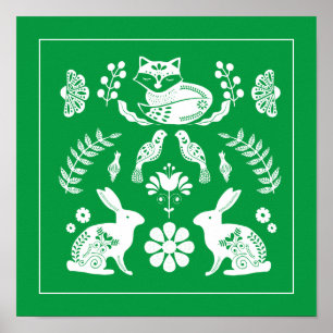 Scandinavian Bunny Fox Flower Garden Poster