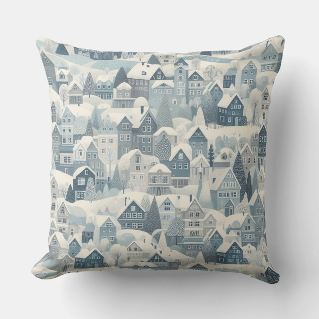 Scandinavian Charm Nordic Snow Winter Town Pattern Throw Pillow (Front)