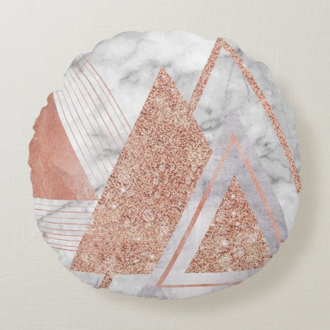 scandinavian chic rose gold geometric white marble round pillow (Front)