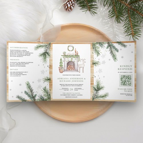 Scandinavian Christmas All in One QR Code Wedding Tri_Fold Invitation