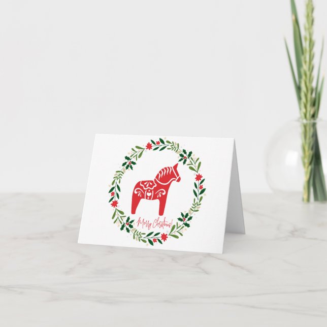 Scandinavian Christmas card Dala Horse and wreath (Front)