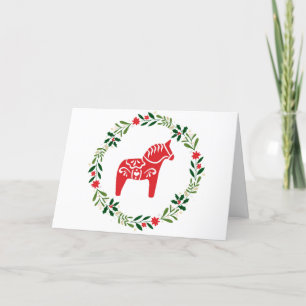 Scandinavian Christmas card Dala Horse and wreath