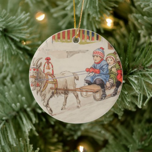 Scandinavian Christmas children sled and goat Ceramic Ornament
