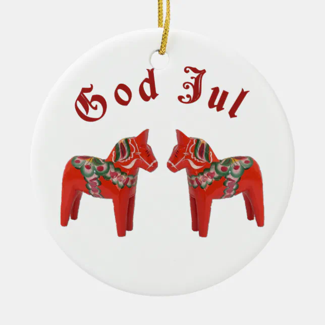 Scandinavian Christmas Dala Horse God Jul! Custom Ceramic Ornament | Zazzle