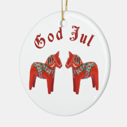 Scandinavian Christmas Dala Horse God Jul! Custom Ceramic Ornament | Zazzle