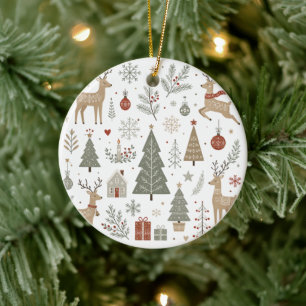 Scandinavian Christmas Deer and Winter Woodland Ceramic Ornament
