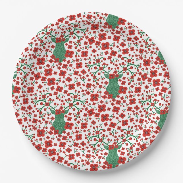 Scandinavian Christmas Floral Pattern with Antlers Paper Plates (Front)