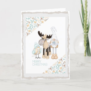 Scandinavian Christmas Gnome - Moose - Bird Holiday Card