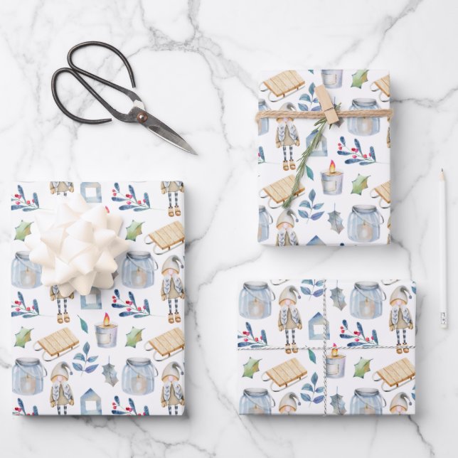 Scandinavian Christmas Gnome Wrapping Paper Sheets (Front)