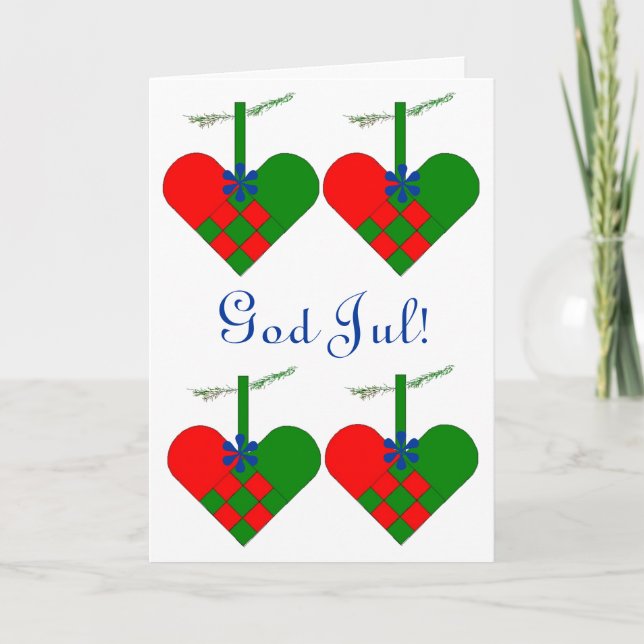 Scandinavian Christmas Hearts Personalized Holiday Card (Front)