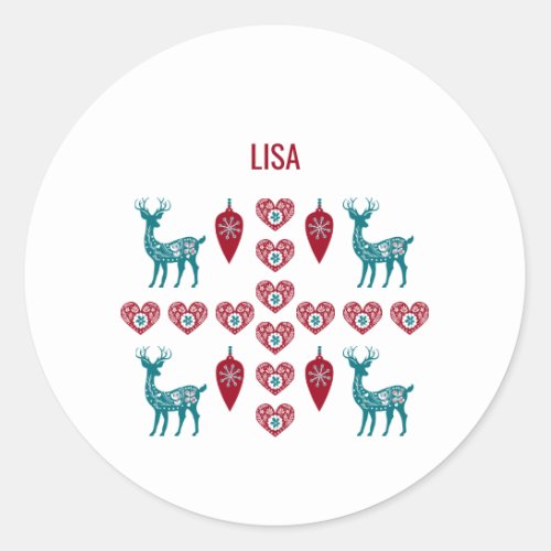 Scandinavian Christmas Hearts Reindeer Red Baubles Classic Round Sticker