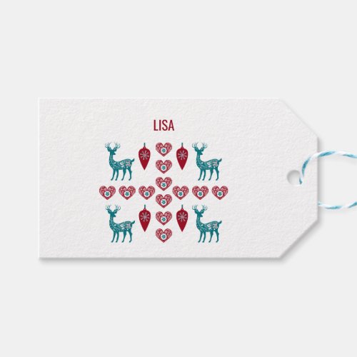 Scandinavian Christmas Hearts Reindeer Red Baubles Gift Tags
