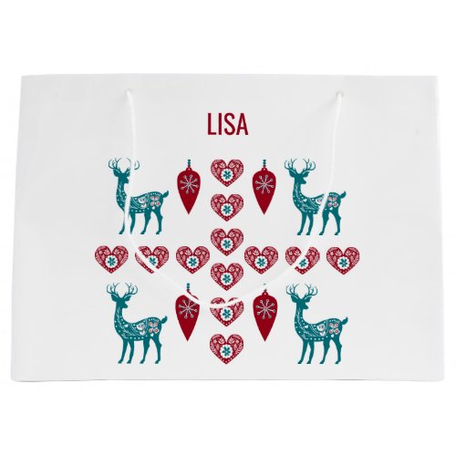 Scandinavian Christmas Hearts Reindeer Red Baubles Large Gift Bag