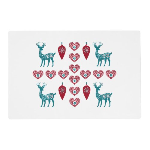 Scandinavian Christmas Hearts Reindeer Red Baubles Placemat