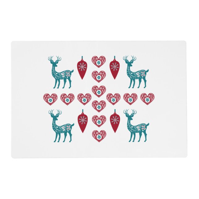 Scandinavian Christmas Hearts Reindeer Red Baubles Placemat (Front)