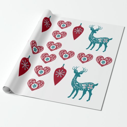 Scandinavian Christmas Hearts Reindeer Red Baubles Wrapping Paper