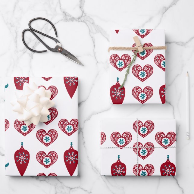 Scandinavian Christmas Hearts Reindeer Red Baubles Wrapping Paper Sheets (Front)