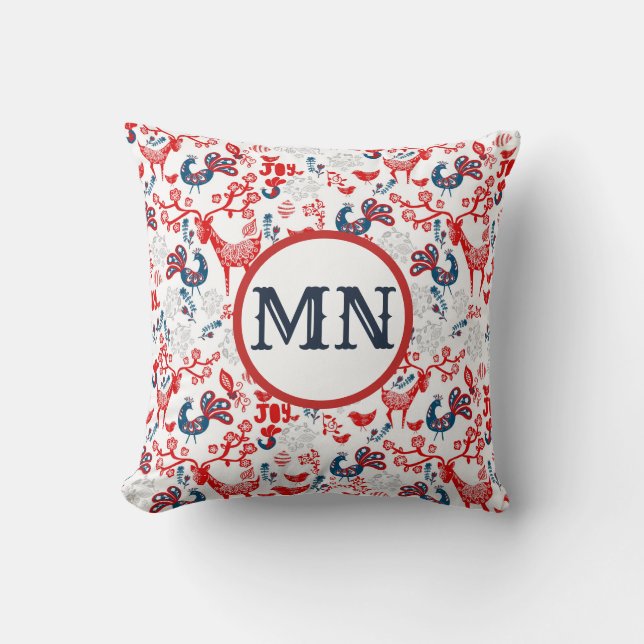 Scandinavian Christmas Monogrammed Folk Art Red Throw Pillow (Front)