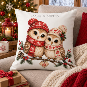 Scandinavian Christmas Owl Couple Cozy Nordic Love Throw Pillow