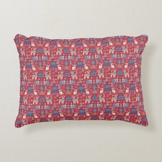 Scandinavian Christmas pattern, folk art red navy Decorative Pillow (Front)