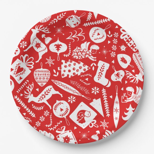 Scandinavian Christmas pattern Paper Plates (Front)