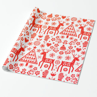 SCANDINAVIAN CHRISTMAS PATTERN RED AND WHITE WRAPPING PAPER