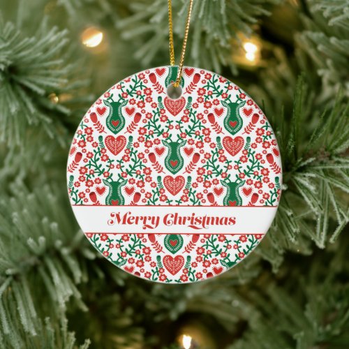 Scandinavian Christmas Pattern w Antlers  Hearts  Ceramic Ornament