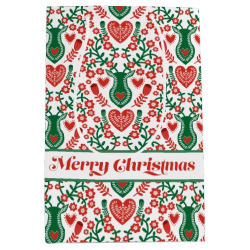 Scandinavian Christmas Pattern w Antlers  Hearts Medium Gift Bag