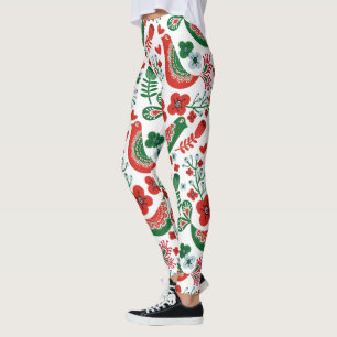 Scandinavian Christmas Pattern w Flowers and Birds Leggings