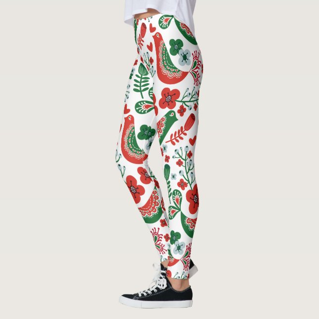 Scandinavian Christmas Pattern w Flowers and Birds Leggings (Left)