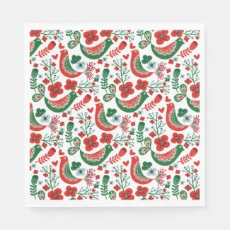 Scandinavian Christmas Pattern w Flowers and Birds