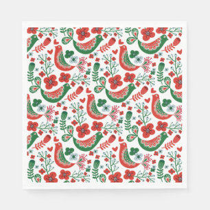 Scandinavian Christmas Pattern w Flowers and Birds Napkins