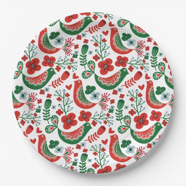Scandinavian Christmas Pattern w Flowers and Birds Paper Plates (Front)