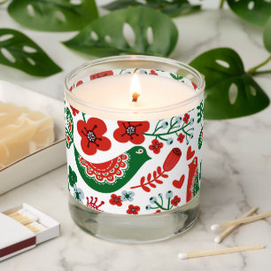 Scandinavian Christmas Pattern w Flowers and Birds Scented Candle