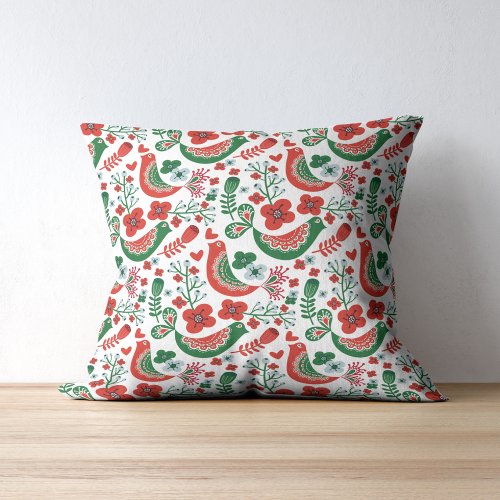 Scandinavian Christmas Pattern w Flowers and Birds Throw Pillow