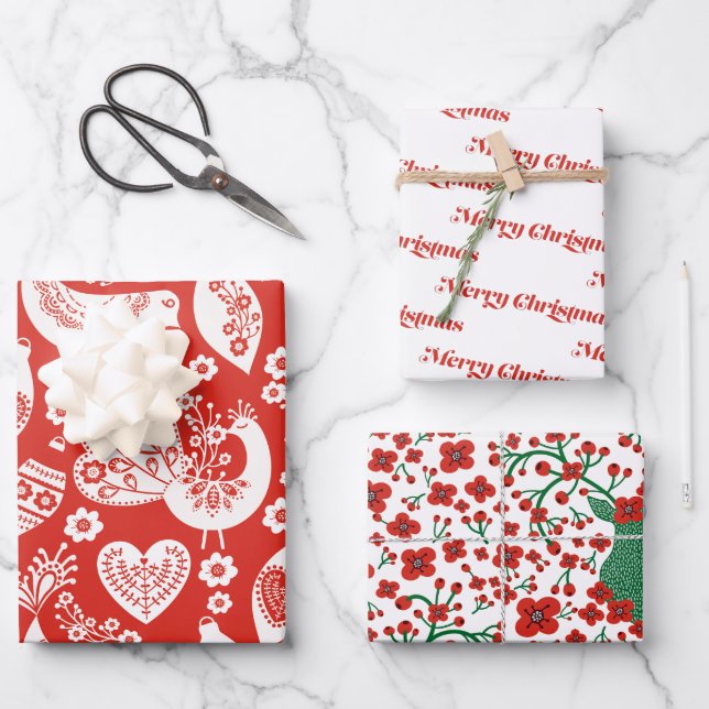 Scandinavian Christmas Pattern w Flowers and Birds Wrapping Paper Sheets (Front)